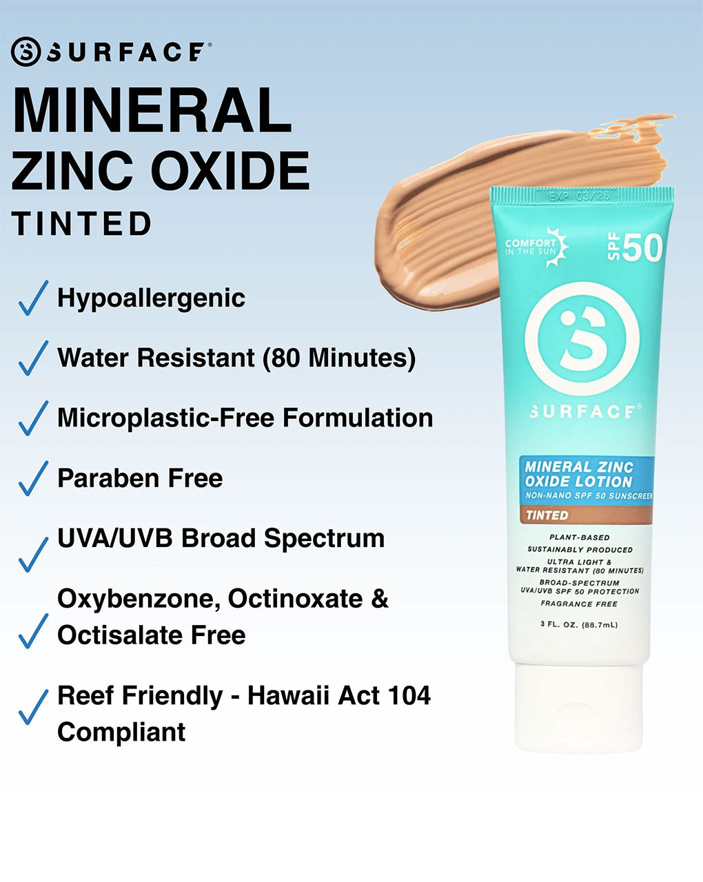 SURFACE SPF50 MINERAL SUNSCREEN LOTION 3OZ. - TINTED