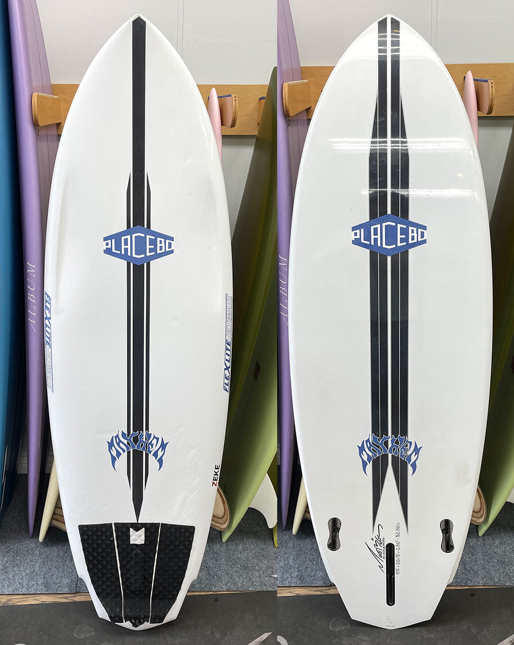 USED PLACEBO ZEKE - 5'5" X 20.13 X 2.50, 32.50L FCS2 SIDE with BOX FIN CENTER