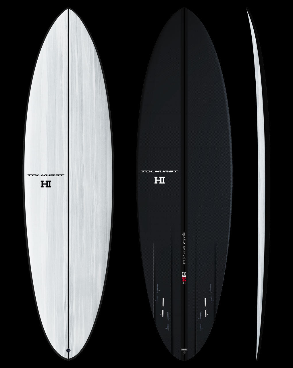 THUNDERBOLT BLACK MID 4 3+3 - 5'10" X 19 1/4 X 2 3/8, 28L FCS2 6PLUGS WHITE DECK / CARBON RAIL&BOTTOM