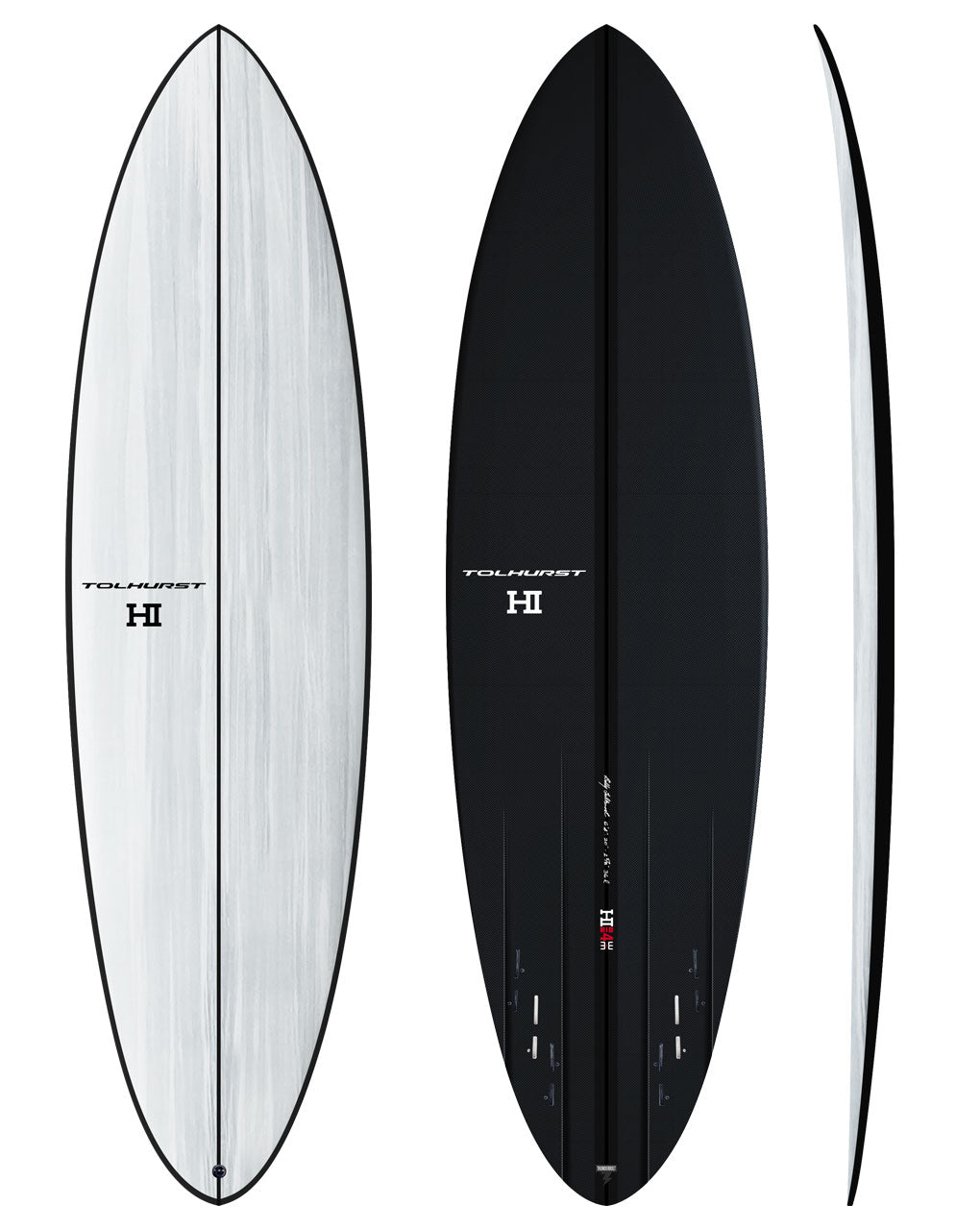 THUNDERBOLT BLACK MID 4 3+3 - 5'10" X 19 1/4 X 2 3/8, 28L FCS2 6PLUGS WHITE DECK / CARBON RAIL&BOTTOM